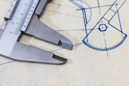 Very detailed mechanical engineering blueprint with gauge / calliper
