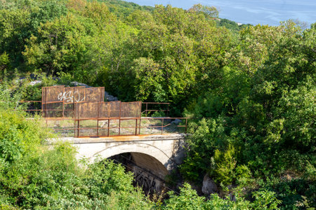 Old bridge over the river Dniester in eastern Ukraine.の写真素材