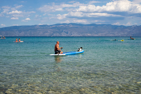 A man with a dog in the sea on a paddle board.の写真素材