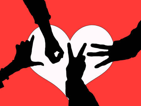 Love created from posed hands in silhouette over a heart 
