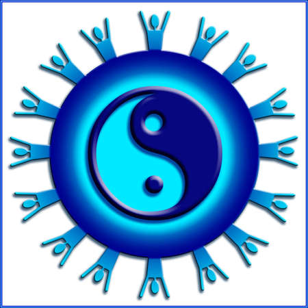 A circle with people silhouettes radiating from the edges creating a sun like shape layered with yin yang   の写真素材