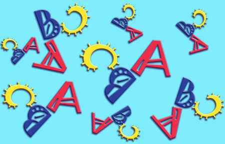 Letters ABC scattered randomly scattered on a blue background.の写真素材