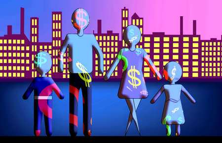 Generic figures of a Family with dollar signs standing in front of panoramic  skyline.の写真素材