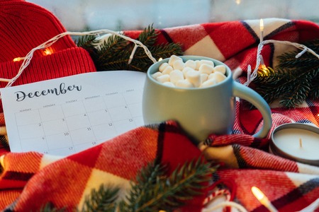 December Calendar with blank space. Christmas holiday mood concept. Cocoa mug with marshmellow and Christmas decoration on the red plaid background.の写真素材
