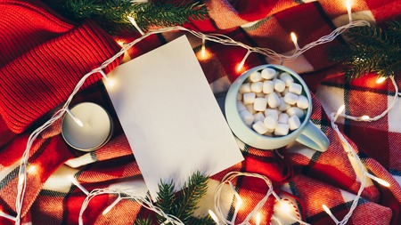 Blank paper sheet, Christmas letter, list for congratuations on the red plaid with beautiful...