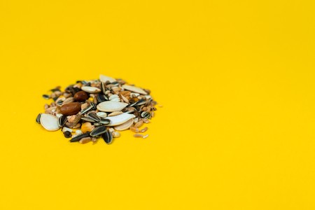Mixed seeds, sunflower, millet, oats pile and minerals for exotic birds, parrots. Isolated on yellow...