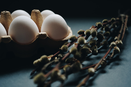 Close up white Easter eggs in carton box and pussy-willow brunches on dark blue background. Easter conceptの写真素材