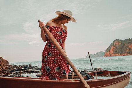 A woman in a red polka dot dress is rowing a boat on a sea.の写真素材