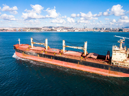 Aerial view of large cargo ship at sea.international cargo transportation