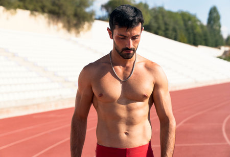 portrait of a muscular athlete outdoorsの写真素材