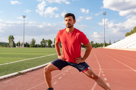 Athlete warming up by stretching before exercise. man doing stretching exercises before exercise