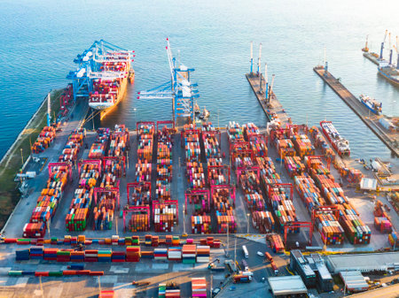 Container Cargo freight ship with working crane bridge for Logistic Import Export backgroundの写真素材