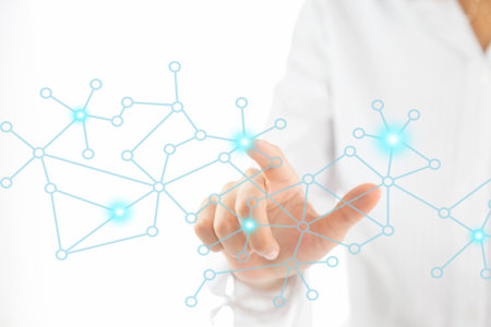 View of a Business network connection displayed on a futuristic interface with technology icon -...