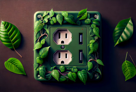 green leaves and fresh eco friendly bulb on black background. top view.