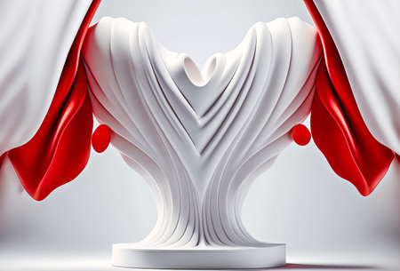 textured white heart with red decor, personifying female fertility, 3d rendered illustration of a red curtainの写真素材