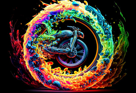 motorcycle and colorful paint splashes on a black background.の写真素材