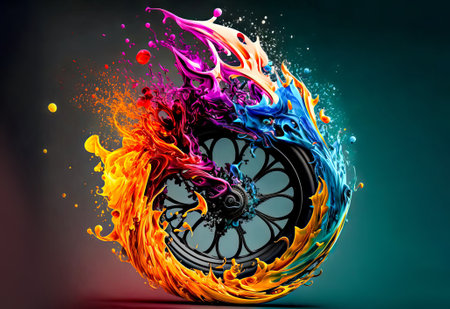 Colorful wheel with paint splashes on dark background. 3d rendering