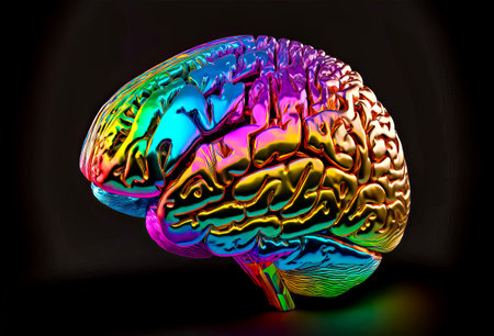 3d rendering of a human brain with colorful gradient and black backgroundの写真素材