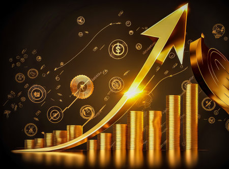 Golden coin stack with growth graph. Business and financial success concept.の写真素材