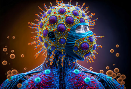 3d rendering of a virus cell inside a human body with medical maskの写真素材