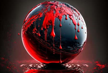 3d illustration of red paint splashing into a glass sphere.の写真素材