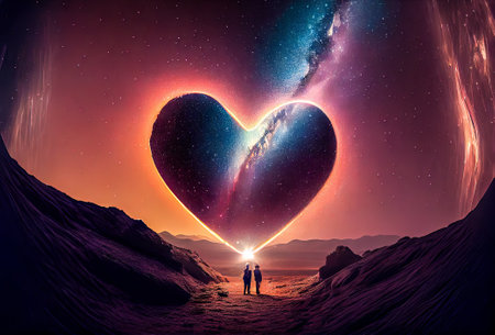 Man and woman standing on the edge of an alien planet with a big heart.