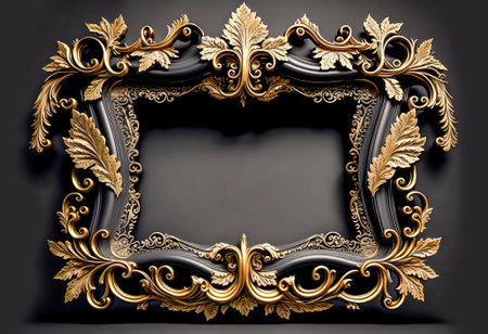 Decorative frame with gold ornament on black background. 3D rendering