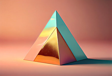 3d render of pyramid with golden sand on pink background. Minimal still life.