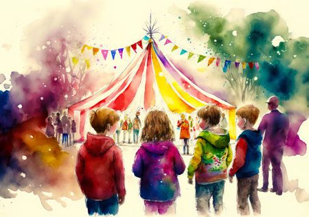 Illustration of children having fun at a carnival. Watercolor paintingの写真素材