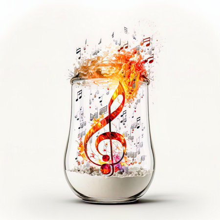 Music notes in a glass jar on white background. 3d illustrationの写真素材