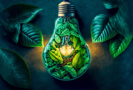 Light bulb with green leaves inside on dark background. Eco concept.の写真素材