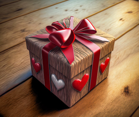 Gift box with red hearts on wooden background. 3D illustration.の写真素材