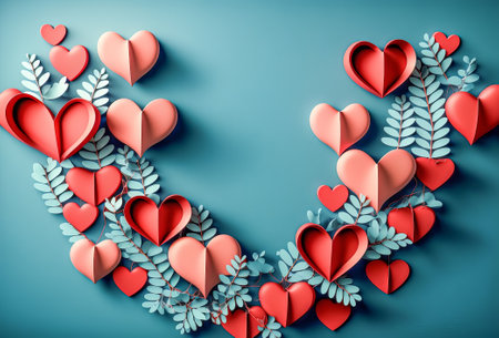 Valentine's Day background with paper hearts and blue leaves.