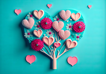 Paper art tree with hearts and flowers on turquoise background. Valentine's day conceptの写真素材