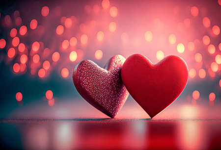 Valentine's day background with two red hearts on bokeh backgroundの写真素材