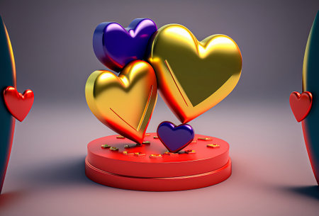 3d render of colorful hearts on podium. Valentines day conceptの写真素材