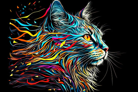 Illustration of a cat head with colorful abstract lines on a black background