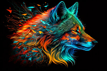 Red fox head with colorful splashes on a black background. Vector illustration.の写真素材