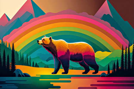 a bear on the background of the mountains and the rainbowの写真素材