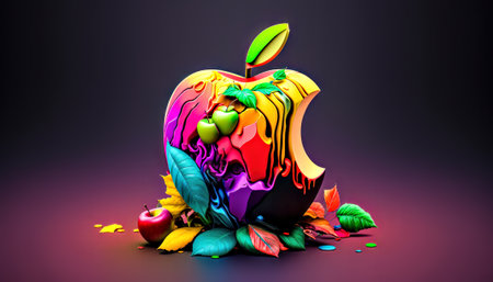 Apple with colorful leaves on a dark background. 3d illustration.の写真素材