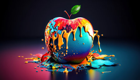 Colorful apple with drops of juice and splashes on black backgroundの写真素材