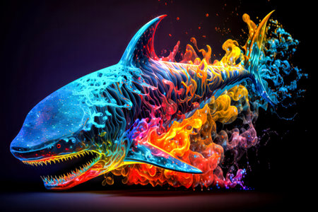 Shark in fire on a black background. 3d illustration.の写真素材