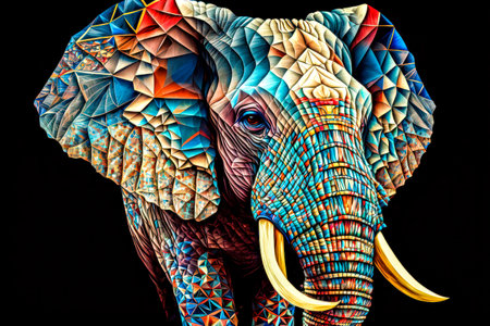 Elephant head made of colorful polygonal pattern on black backgroundの写真素材