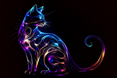 Illustration of a cat on a black background with colorful lights.の写真素材