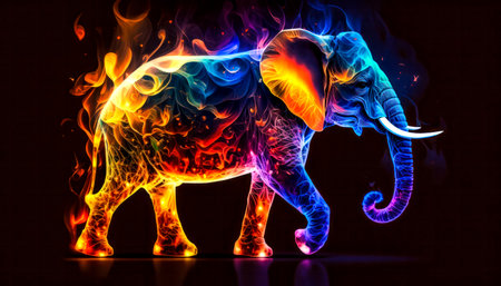 Elephant in the fire on a black background. Abstract background.の写真素材