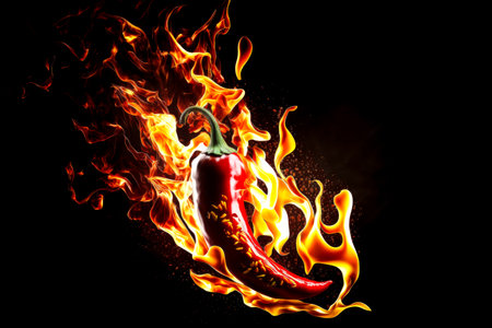 Hot red chili pepper on fire isolated on black background. Design elementの写真素材