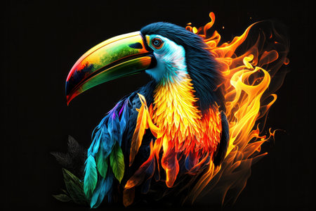 Colorful toucan with fire flames on a black background. Illustrationの写真素材
