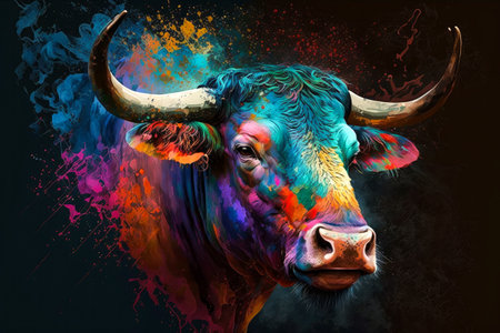 Bull head with colorful paint splashes on black background.の写真素材