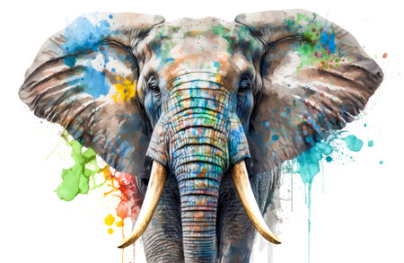 Elephant head with colorful splashes on white background, paintingの写真素材