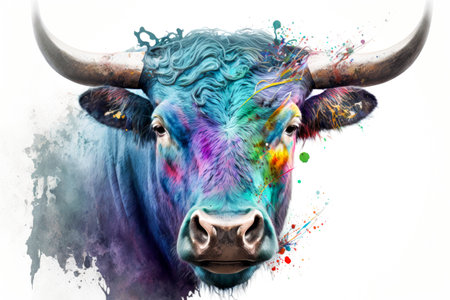 Bull head with colorful paint splashes on white background.の写真素材